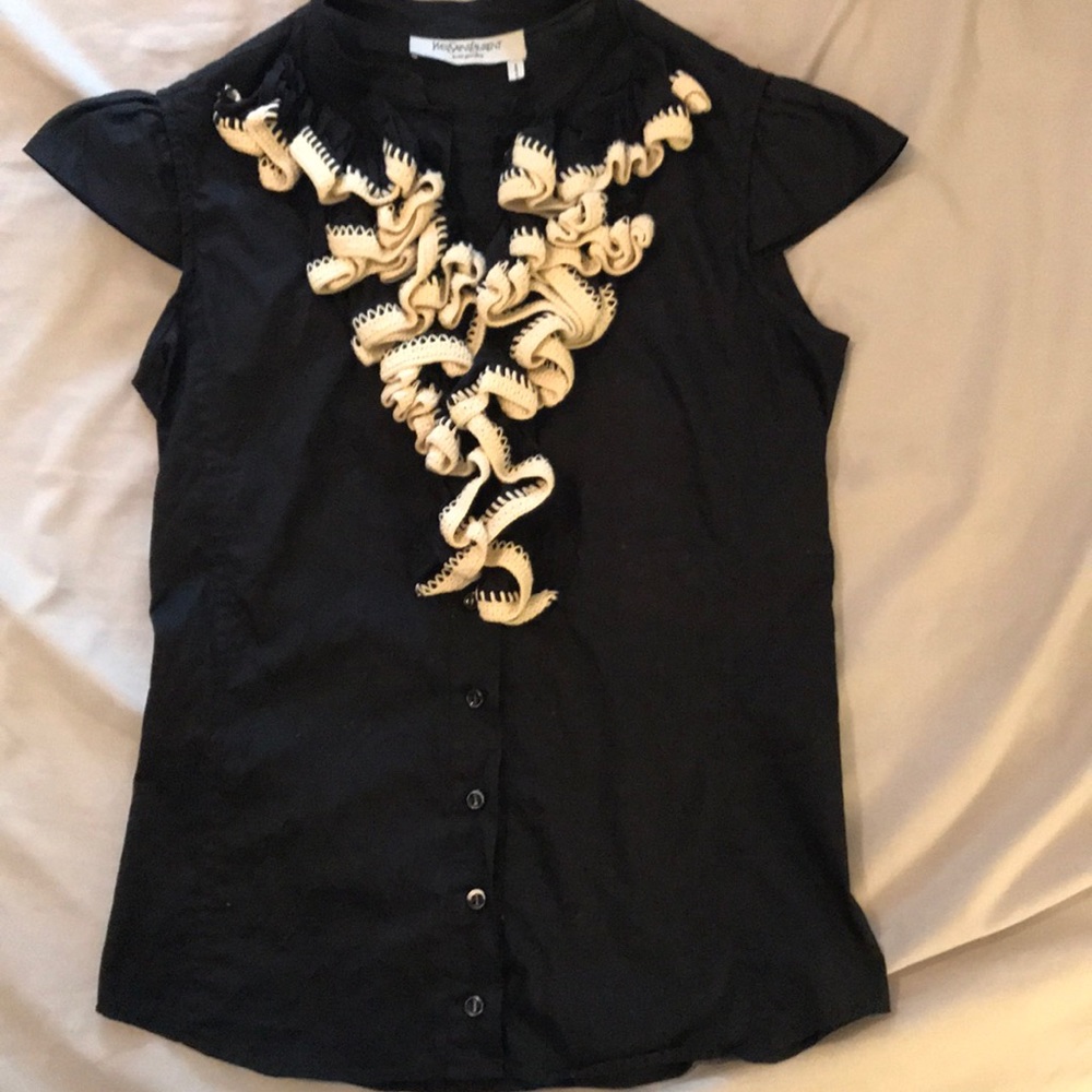Yves Saint Laurent black/creme ruffle button down